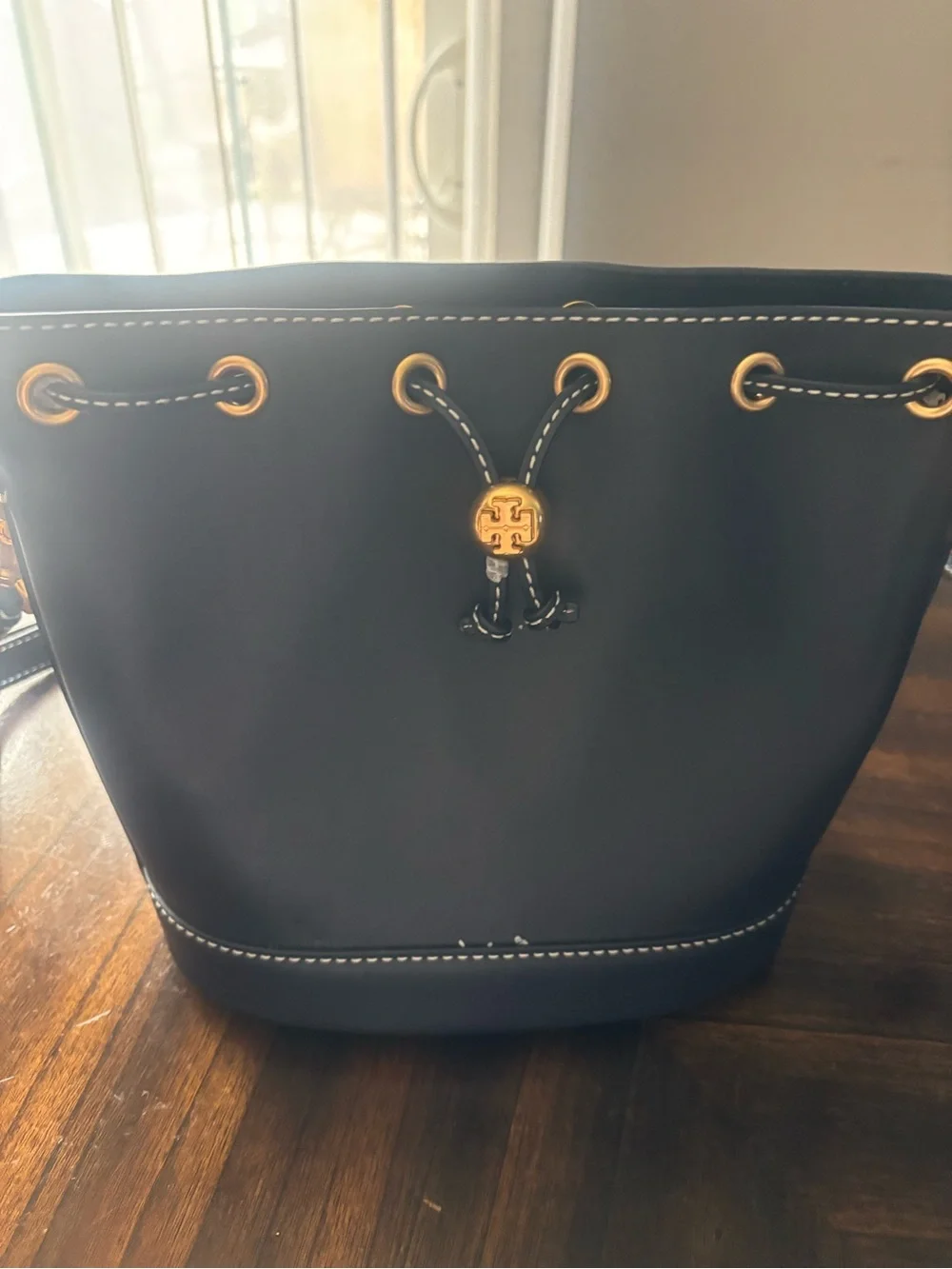Tory Burch Navy Leather Drawstring Bucket Tote with Gold Hardware